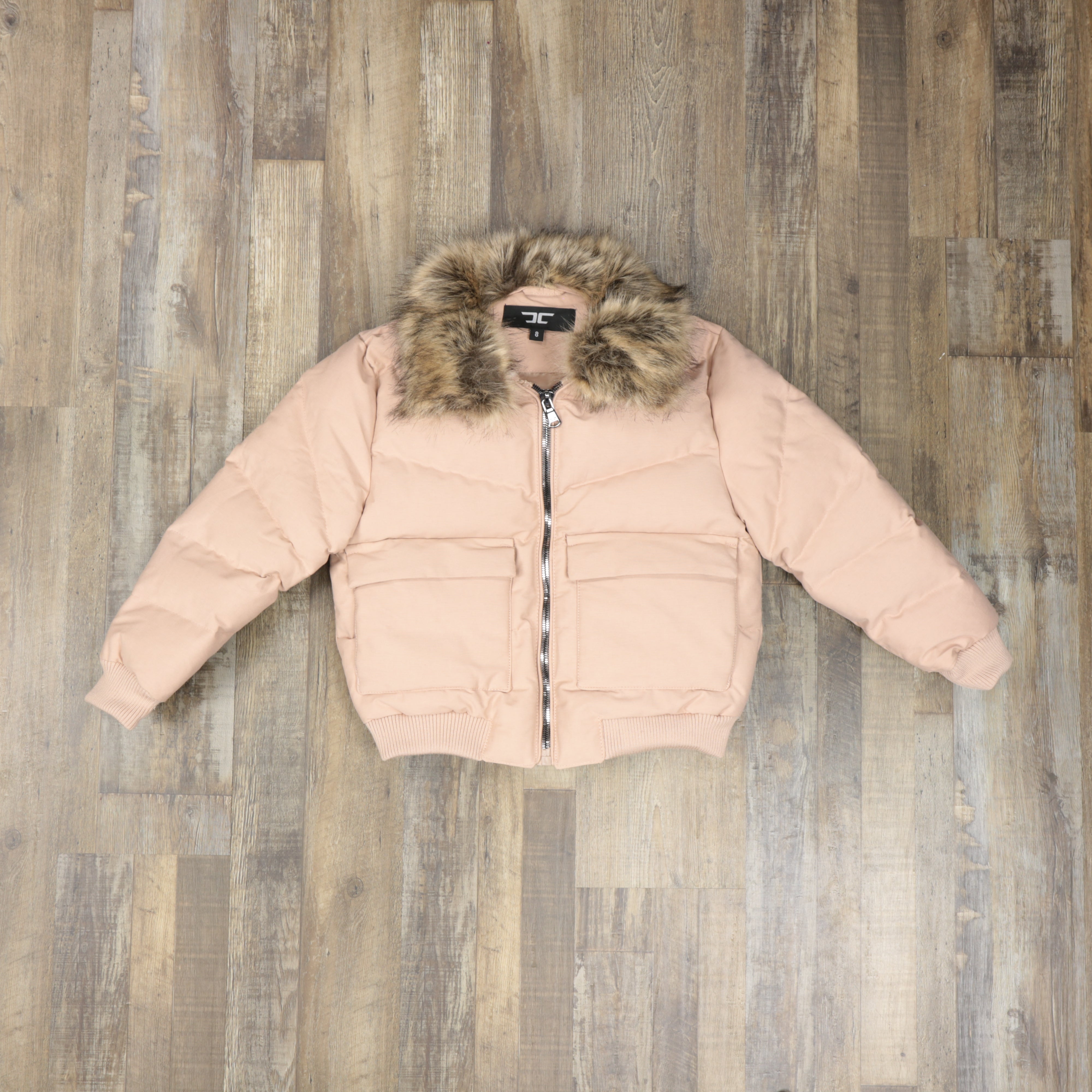 Youth Dusty Rose Bubble Puffer Parka Jacket With Removable Faux Fur Hood (Vegan Fur)